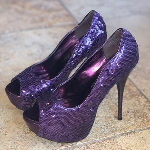 De Blossom Purple Sequin Peep Toe Heels size US7.5